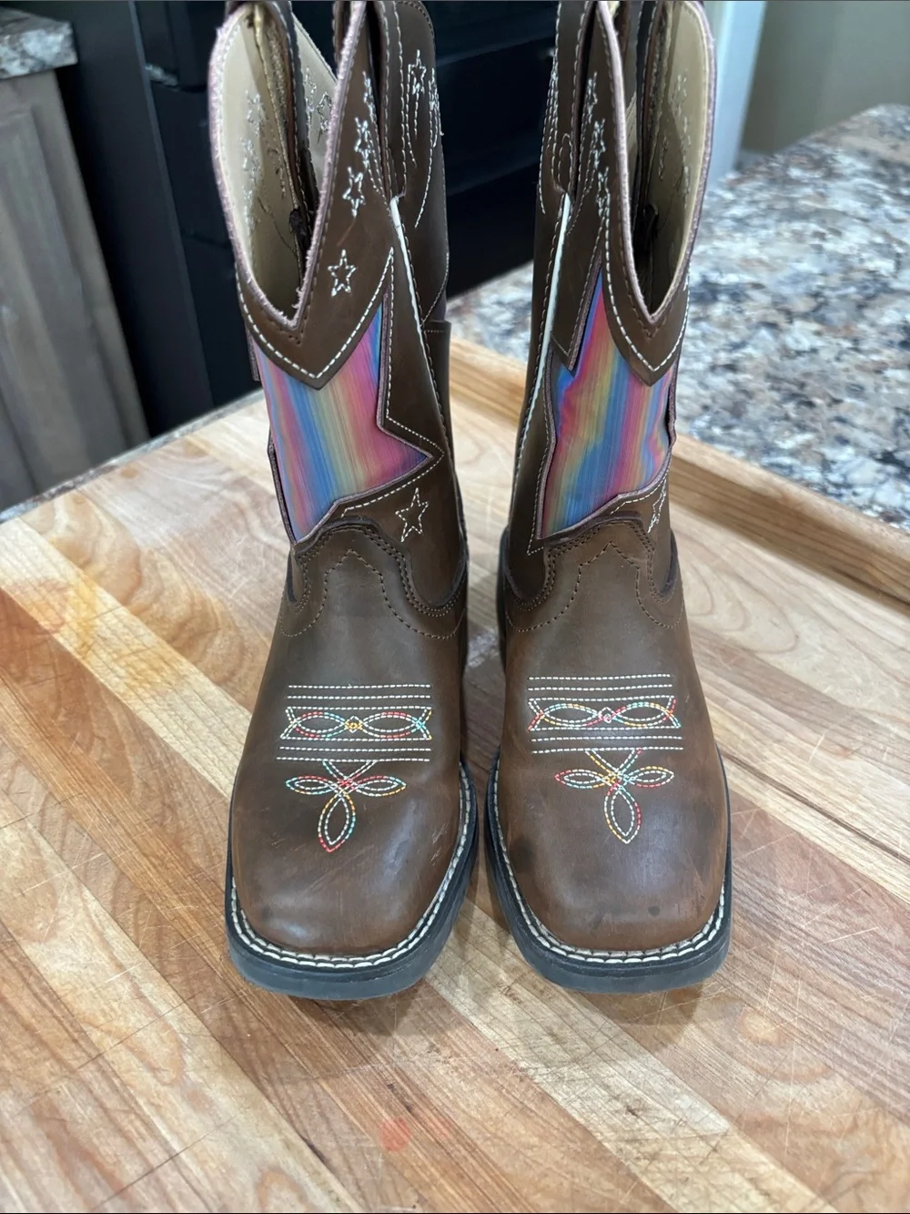 Shyanne Brown Kids Western Boots with Rainbow Star Panel